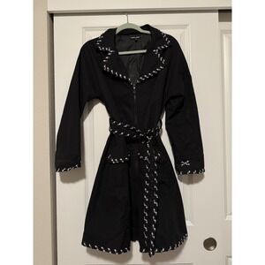 SAMUEL‎ DONG Black Trench Coat with Plaid Trim Tie Size XS Rare Retro